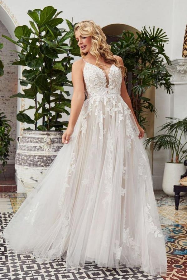 Fantastic A-line Long V-neck Tulle Wedding Dress With Lace Open Back | Ballbellas Ballbellas