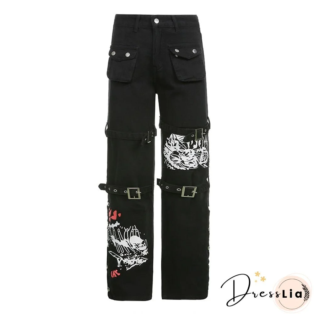 Weekeep Harajuku Women Jeans Streetwear High Waist Hip Hop Fashion Trouser Gothic Print Buckle Loose Straight Casual Denim Pants