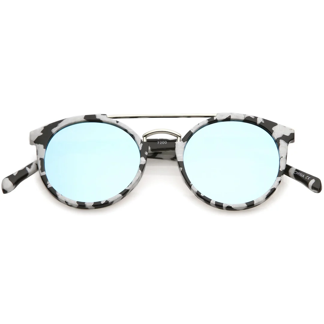 Modern Horn Rimmed glasses Marble Print Double Crossbar Round Flat Lens 50mm