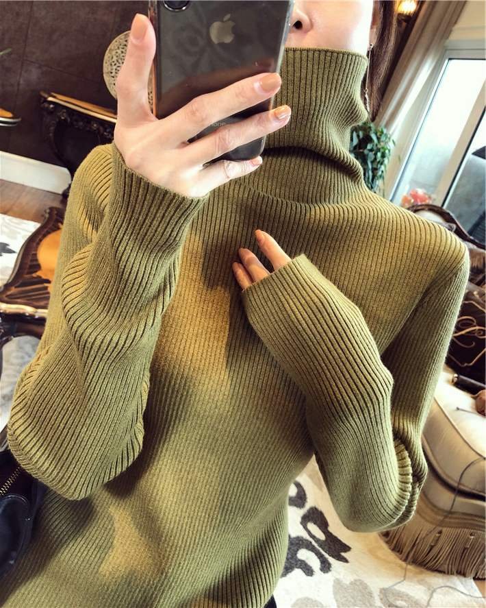 Autumn Winter Turtleneck Sweater Women Knitted Ribbed Pullover Sweater Long Sleeve Slim Jumper Pull Femme Stretchable
