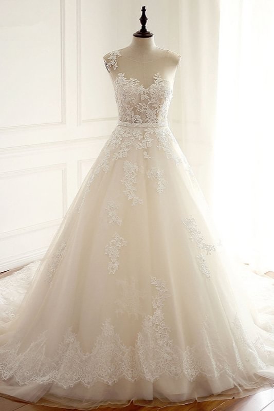 Elegant A-line Jewel Tulle Long Wedding Dress With Appliques Lace Ballbellas