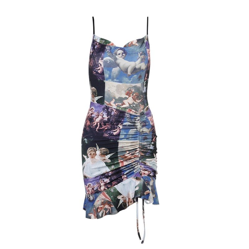 InstaHot Women Drawstring Dress Spaghetti Strap Painting Print Slim Streetwear Harajuku Summer 2021 Fashion Party Mini Dresses