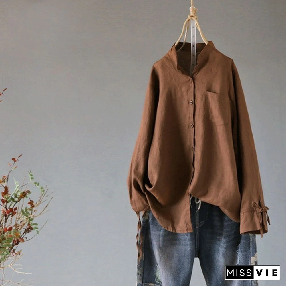 Women Stand Collar Long Sleeve Loose Casual Tops Shirt Blouse