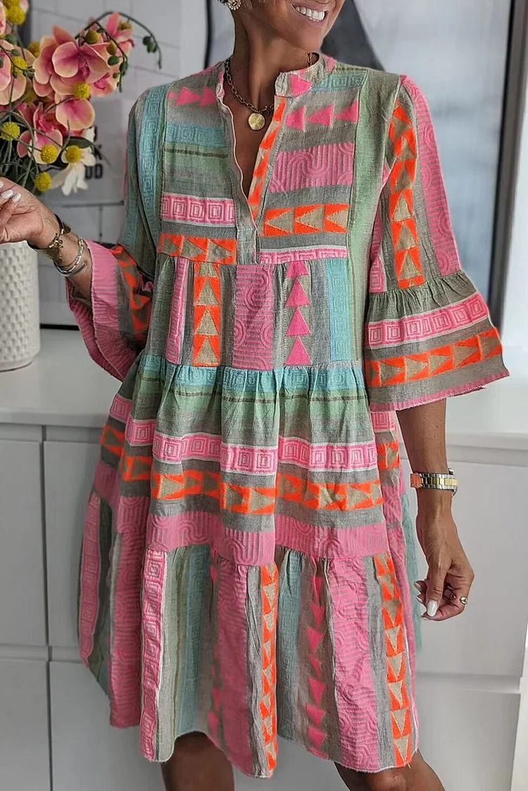 Geometric Print V Neck Flare Sleeve Colorblock A-Line Mini Dresses-Pink
