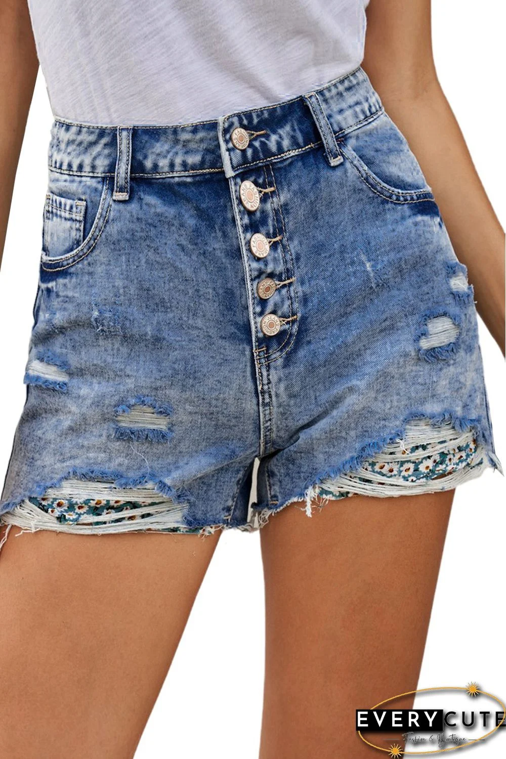 Multicolor Floral Splicing Button Fly Distressed Denim Shorts