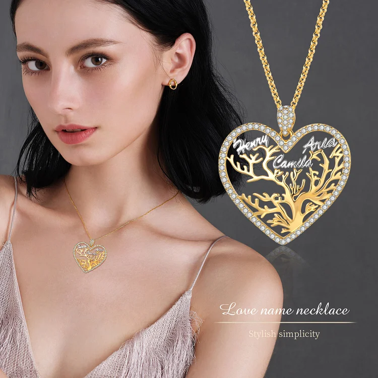 Personalized Heart Name Necklace Custom 3 Names Family Tree Necklace
