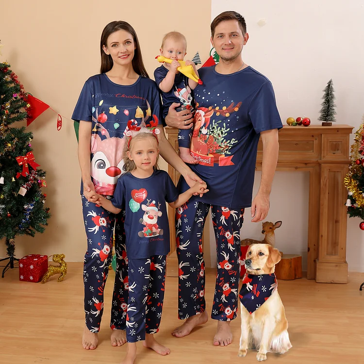 Cute Reindeer Printed Snowflake Family Christmas Short-Sleeves Pajamas Sets With Dog