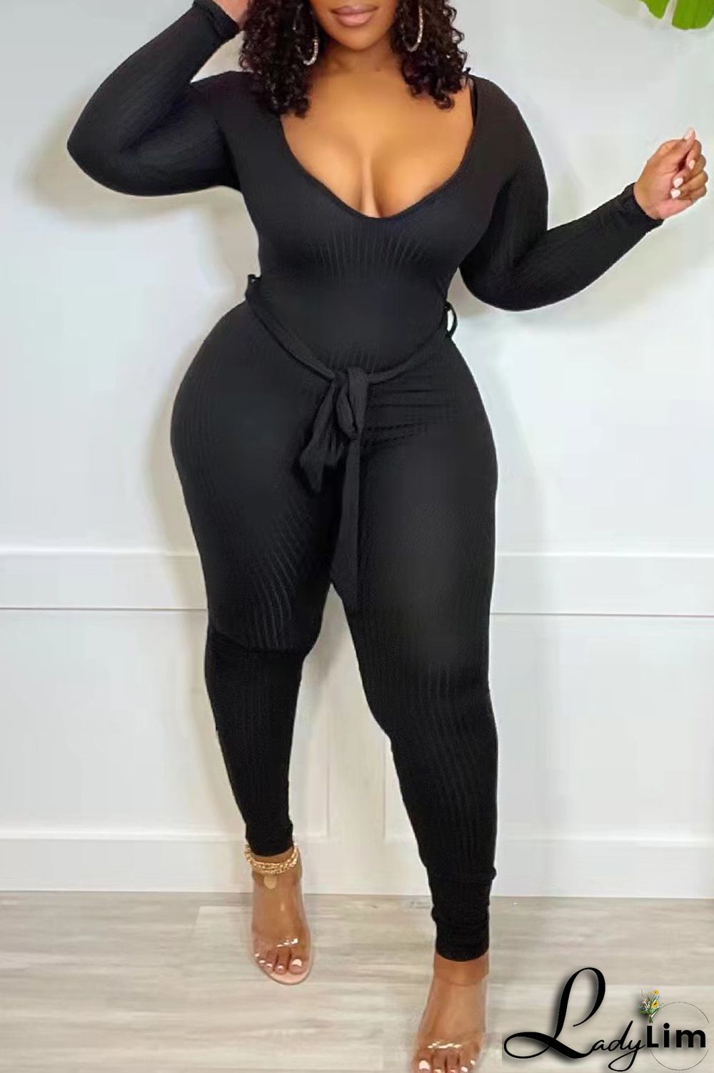 Black Fashion Casual Solid Basic V Neck Skinny Jumpsuits