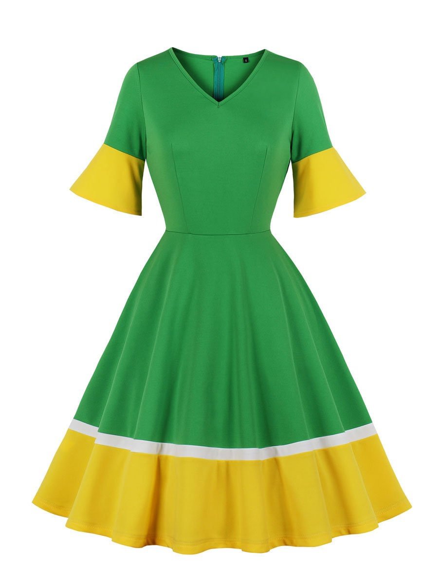 1940s Dress V-neck Stitching Irregular Knee-length Dress