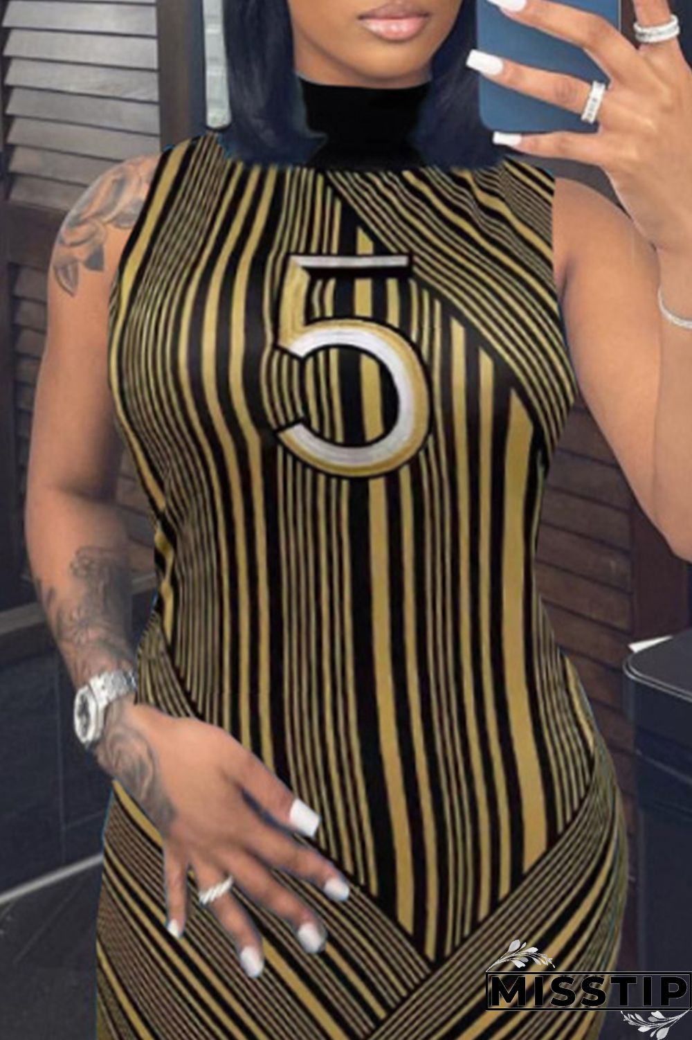 Black Fashion Casual Print Patchwork Turtleneck Sleeveless Dress