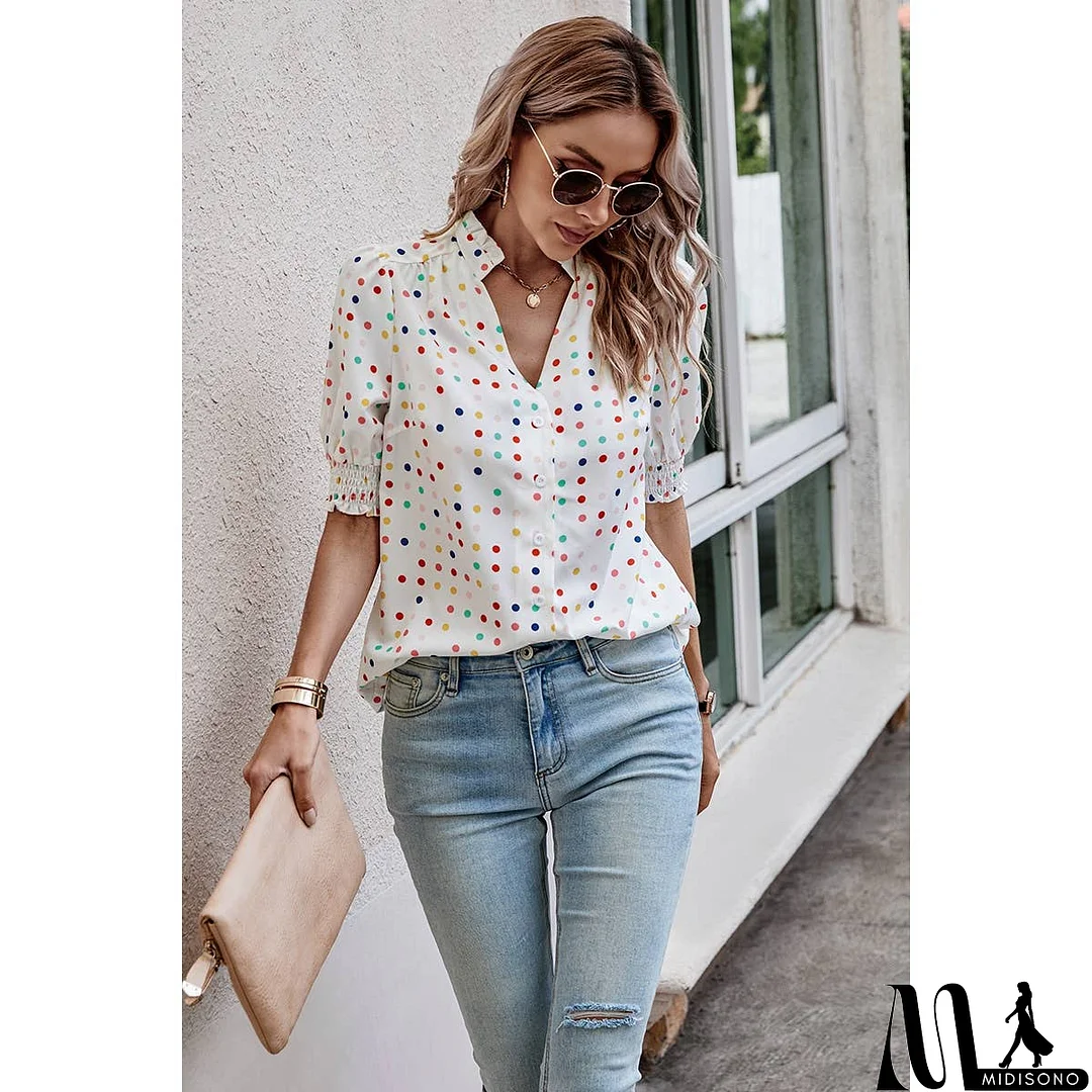 MidiSono - Polka Dot Print Puff Sleeve Button Shirt