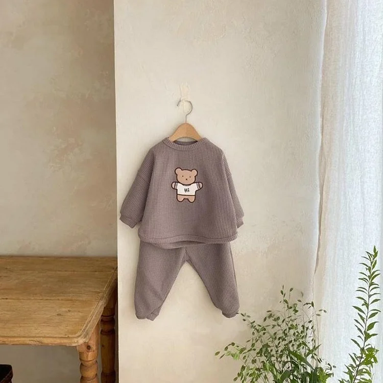 Baby Boy/Girl Waffle Embroidered Bear Sweatshirt and Pants Set