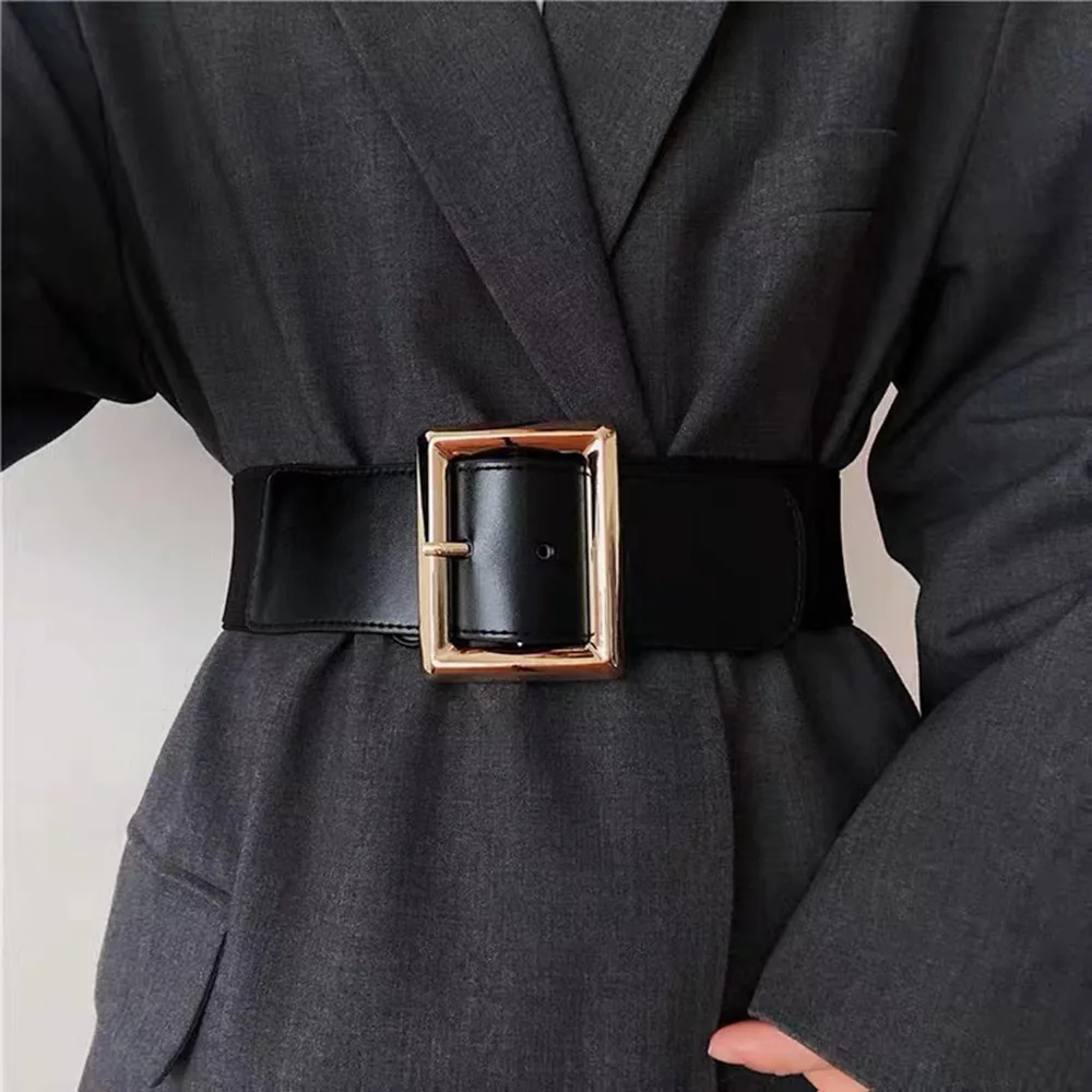 Women's Simple Metal Pin Buckle Black Elastic Waist Belt Slim Accessory Belt