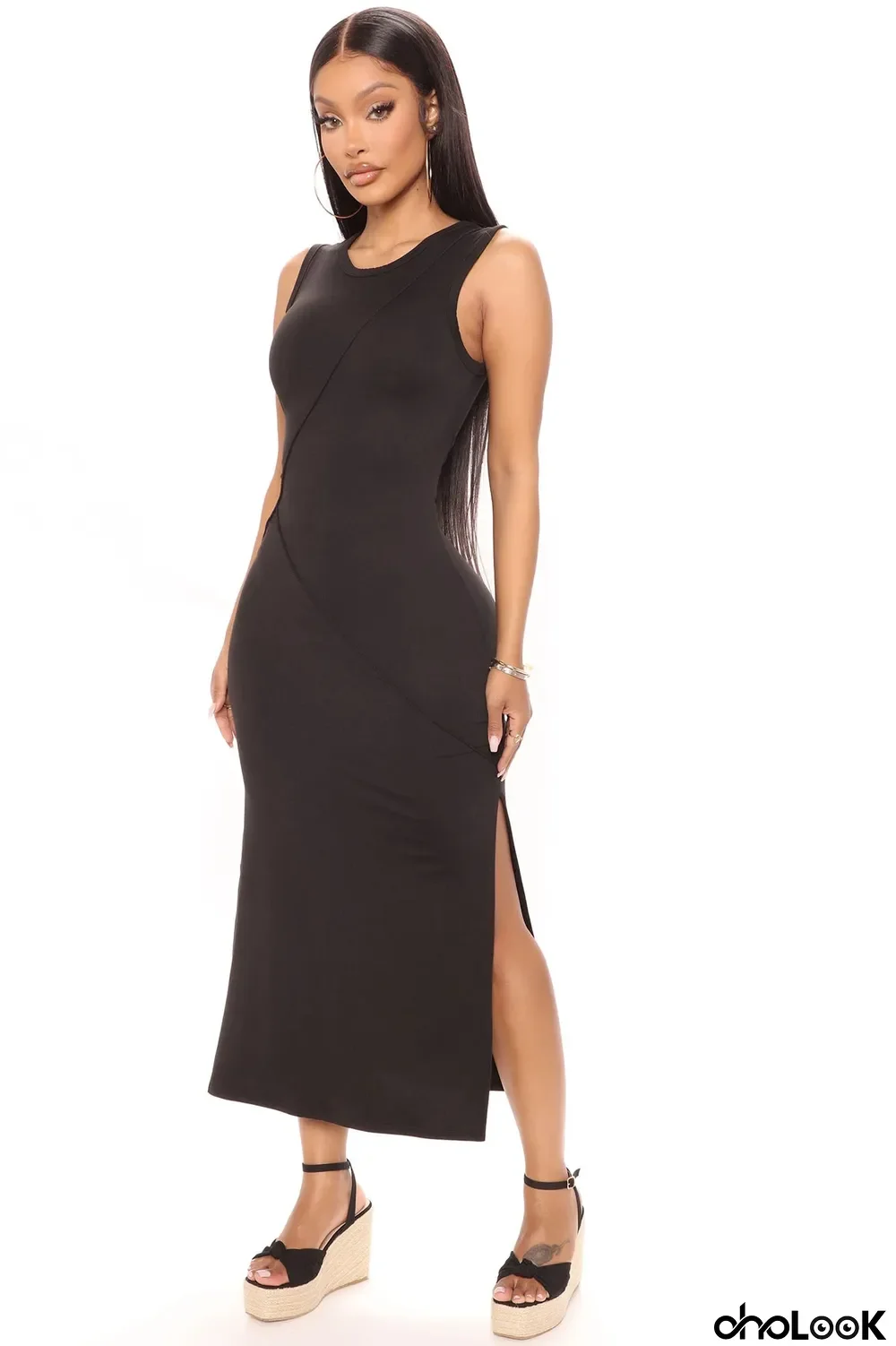 Women sleeveless Solid sexy Round Neck Fashion slit long dress