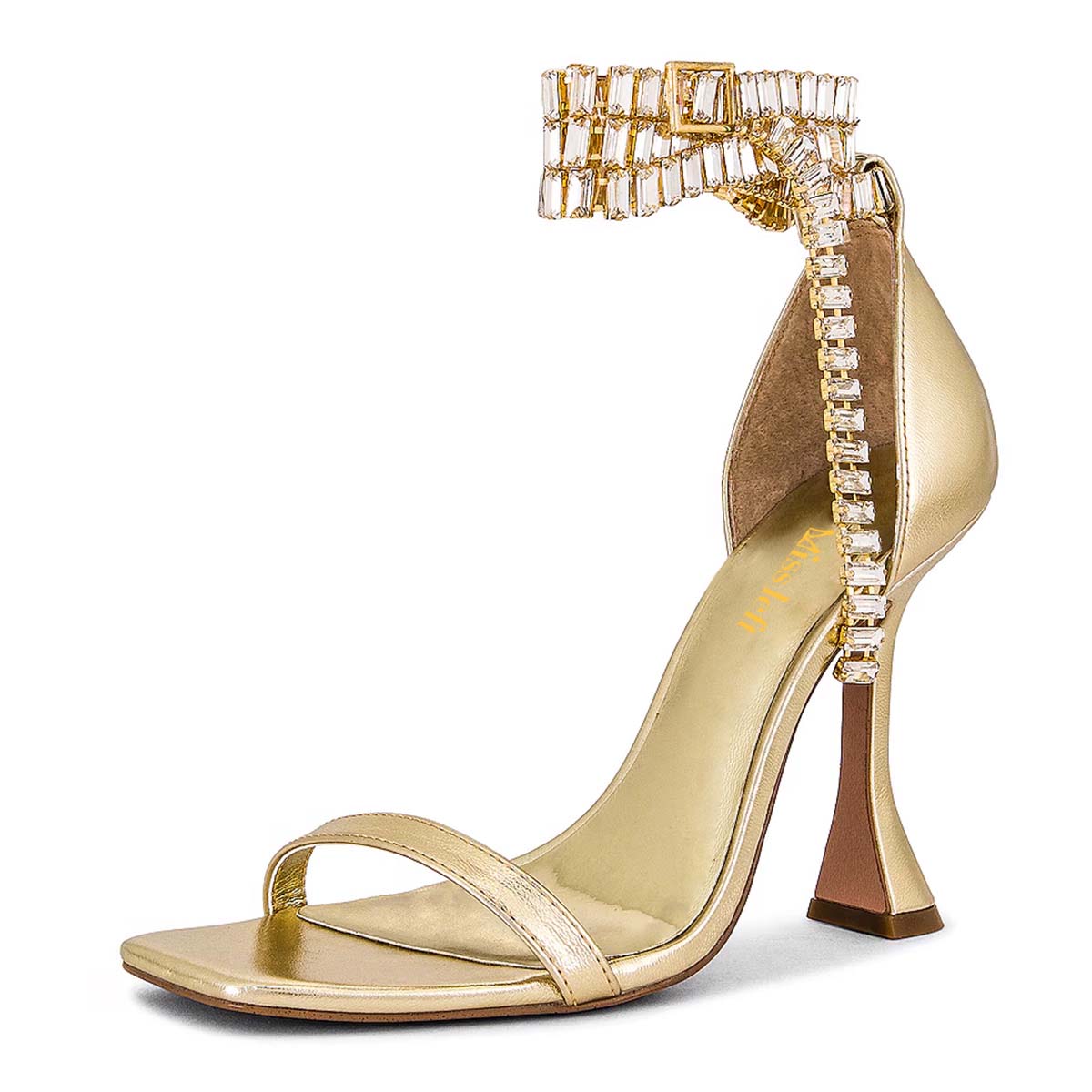 Open Square Toe Spool Heel Buckle Gold Sandals with Rhinestone Strap Nicepairs