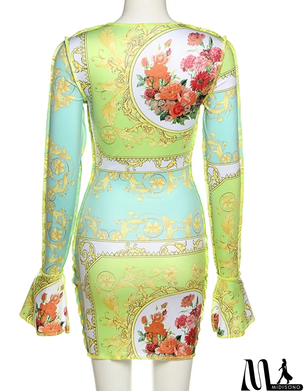 MidiSono - Autumn Print Green Sexy Lace-Up Mini Club Dress