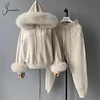 Jxwatcher Women's Sweater Set Real Fox Fur Collar and Cuffs Wool Blend Hooded Knitted Tops Ladies Autumn Fashion Pullover Female