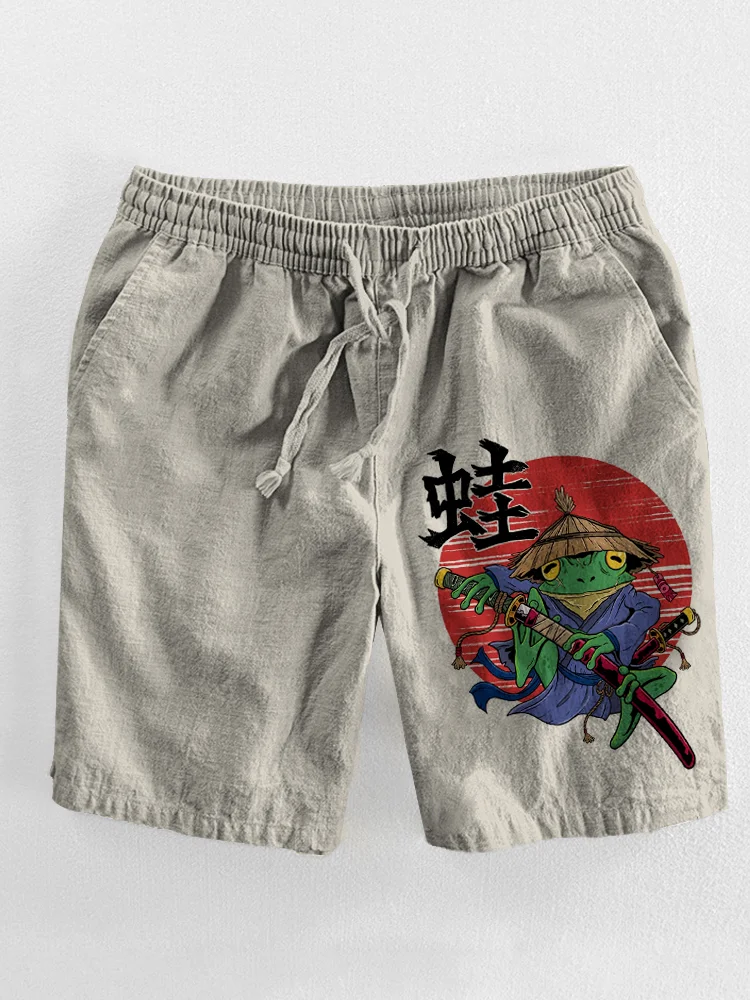 Men's Samurai Frog Art Print Casual Drawstring Shorts