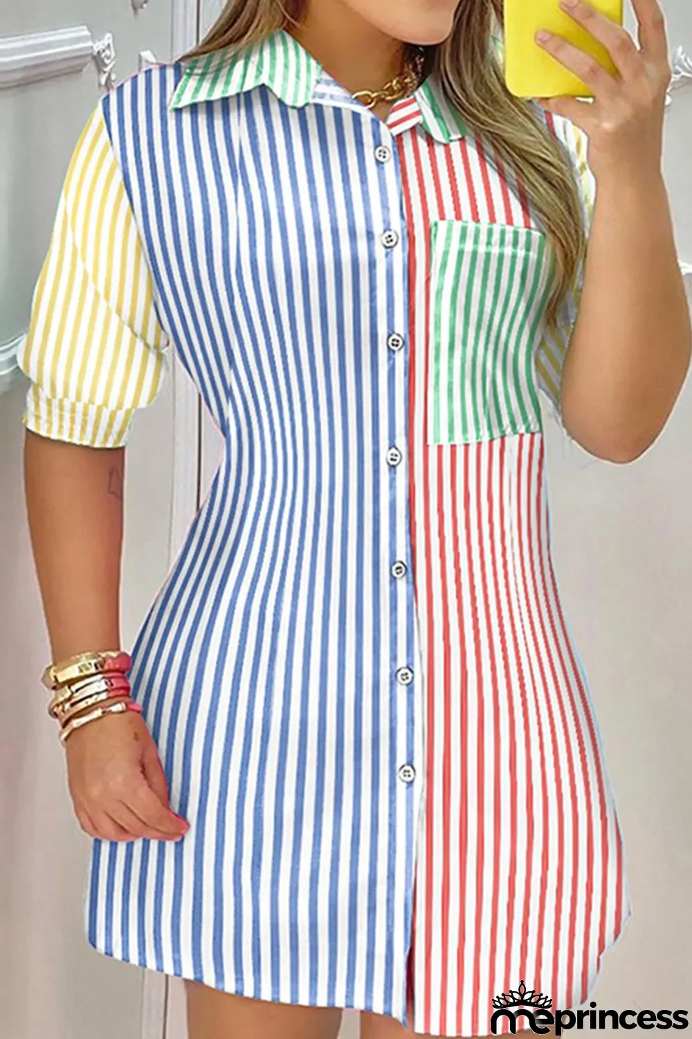 Stripe Casual Print Patchwork Buckle Turndown Collar Dresses