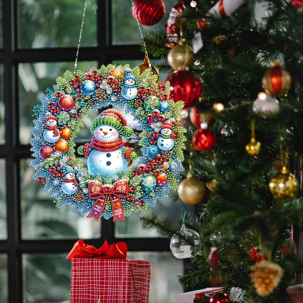5D DIY Acrylic Special Shape Christmas Snowman Wreath Diamond Painting Ornaments