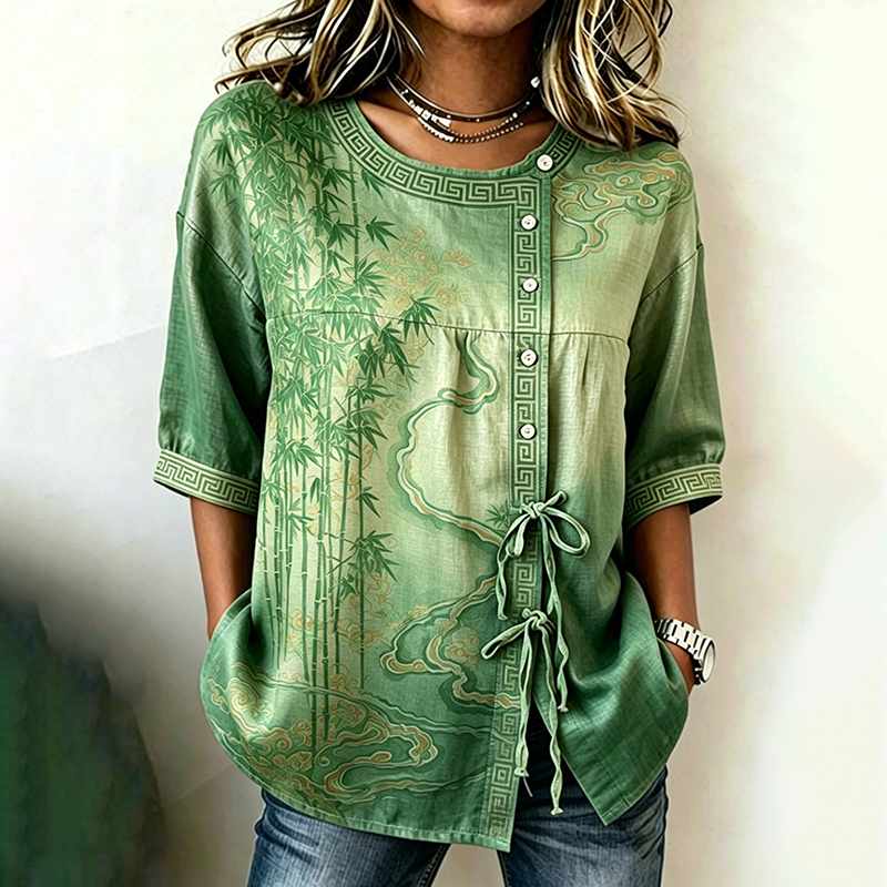 Comstylish Women's Vintage Japanese Bamboo Art Pattern Tie-front Shirt