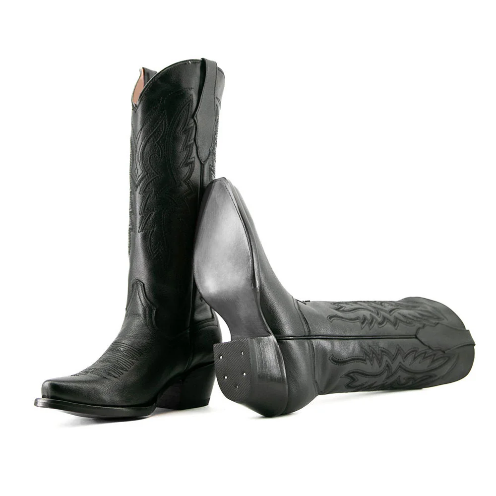 Black Embroidered Chunky Heel Snip Toe Mid-Calf Cowboy Boots for Women