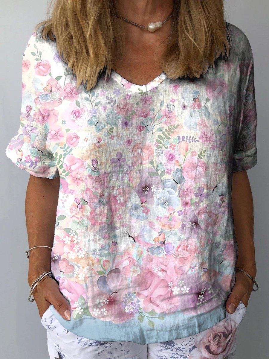 The Lively Spring Garden Watercolor Art Printed Women's Casual Cotton And Linen Shirt