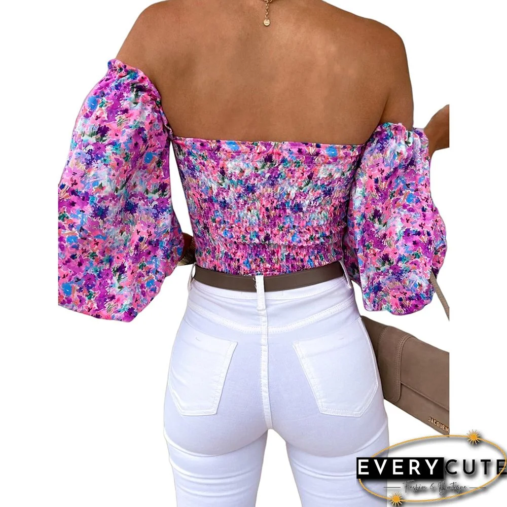 Light Purple Floral Print Off Shoulder Puff Sleeves Tops