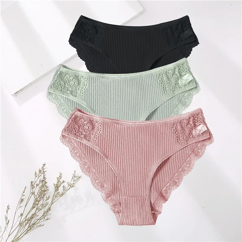 FINETOO 3PCS/Set M-XXL Cotton Underwear Women's Panties Comfort Underpants Floral Lace Briefs For Woman Sexy Low-Rise Intimates