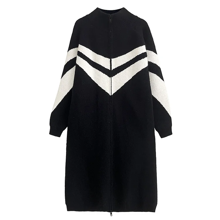Loose Black And White Colorblocking Zipper Coat - yankia