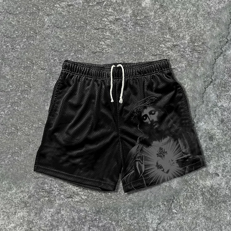 Vintage Jesus Print Mesh Drawstring Shorts