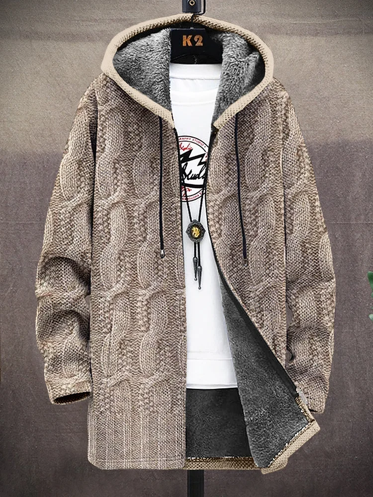 Men's Knitted Texture Pattern Print Hooded Trench Coat