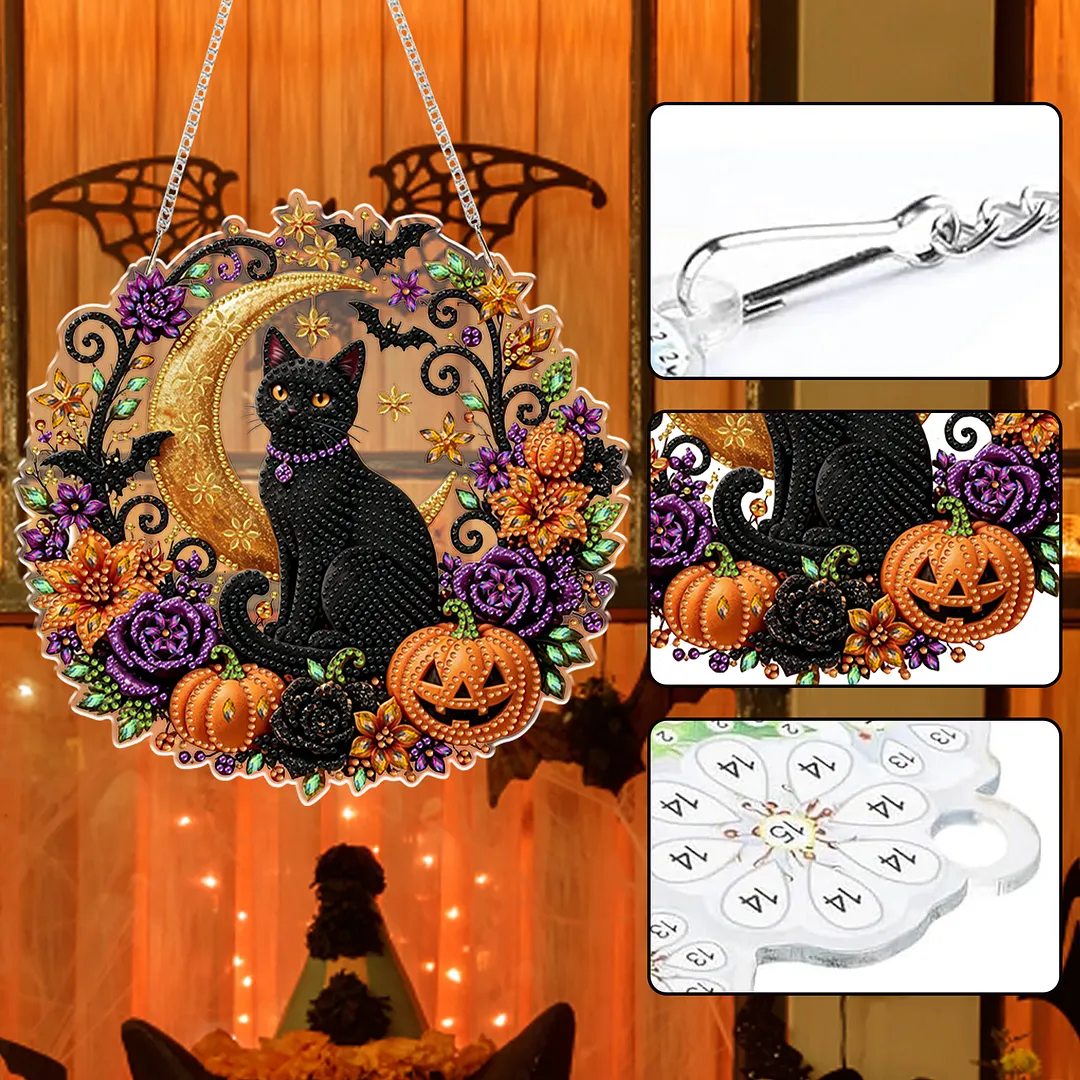 Halloween Black Cat Moon 2D Flat DIY Diamond Painting Charms for Wall Decor