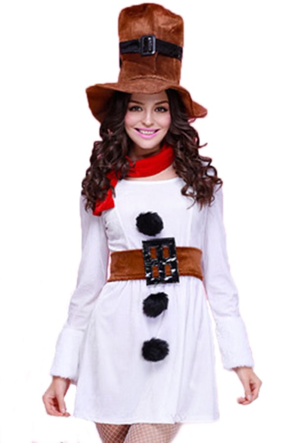 White Funny Womens Long Sleeve Dress Christmas Snowman Costume-elleschic