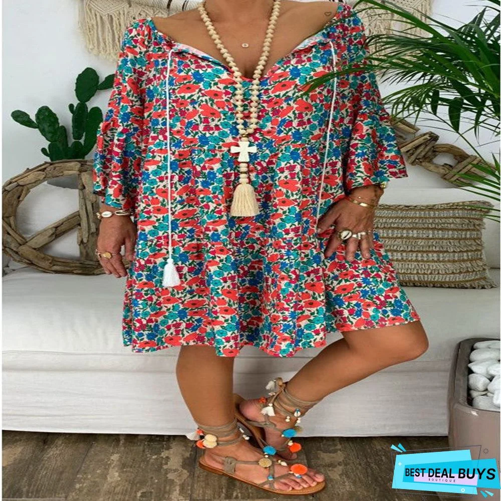 V-neck drawstring loose midi skirt dress