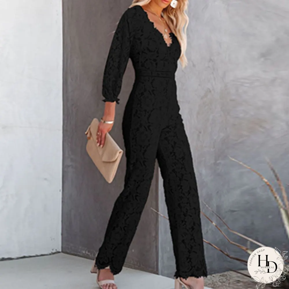 Fashion Sexy Lace Hollow Out Elegant Office Ladies Slim V-Neck Party Romper Women Casual