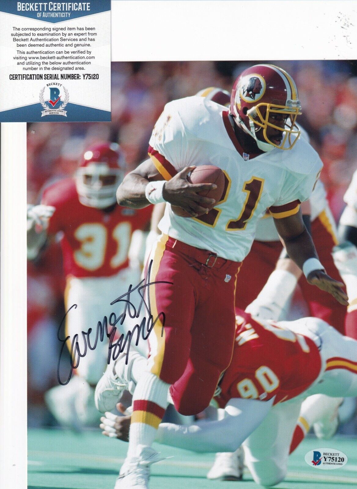 EARNEST BYNER signed (WASHINGTON REDSKINS) football 8X10 BECKETT BAS Y75120