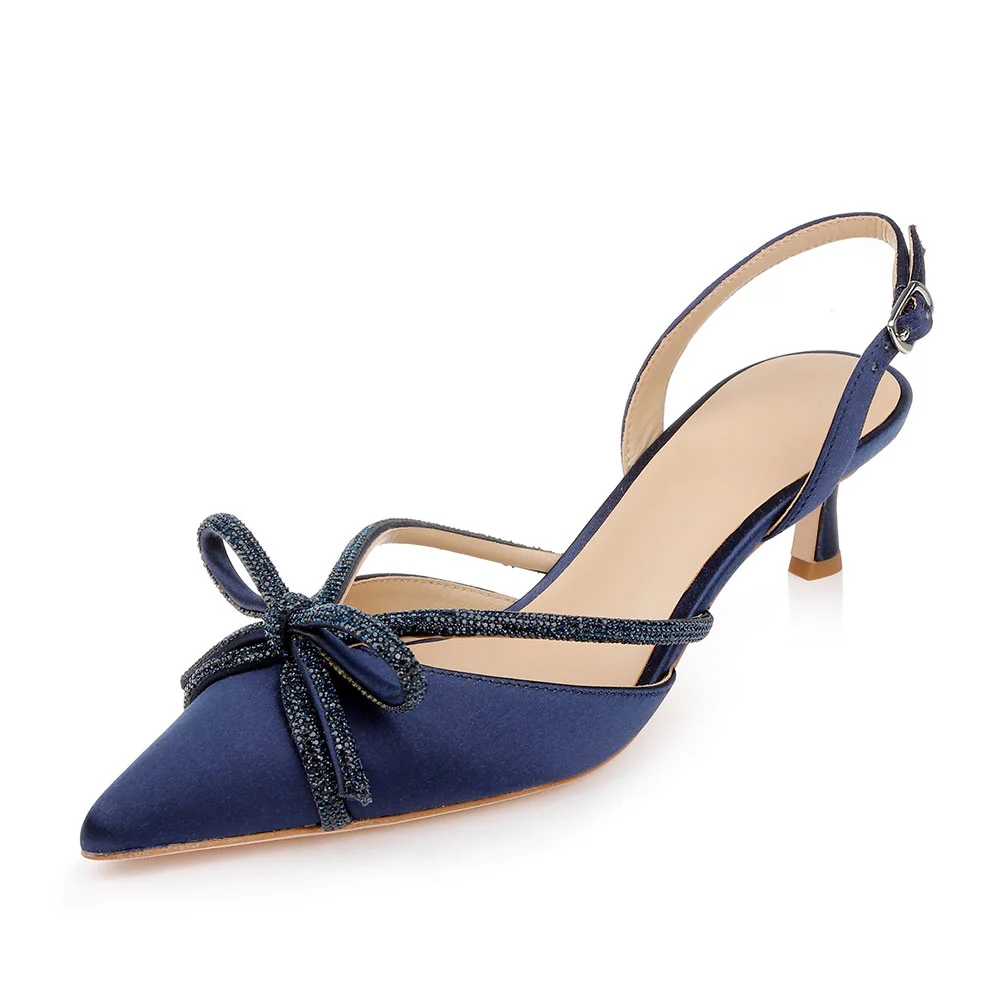 YDN Navy Satin Kitten Heel Rhinestone Bow Slingback Pumps