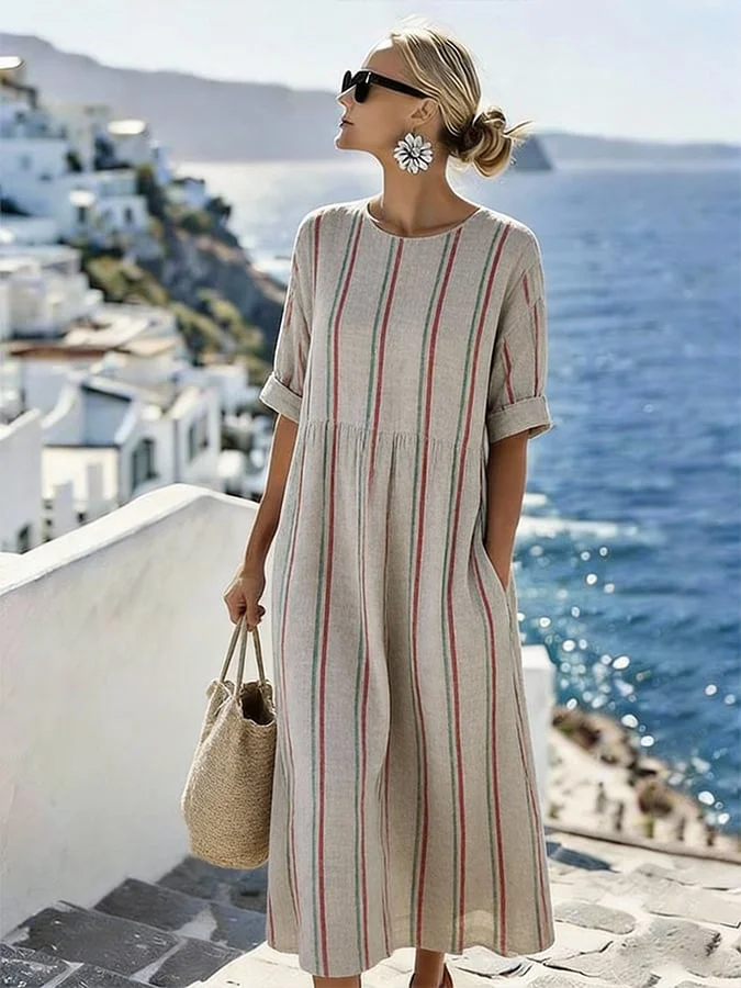 Women'S Casual Round-Neck Striped Vacation Dress