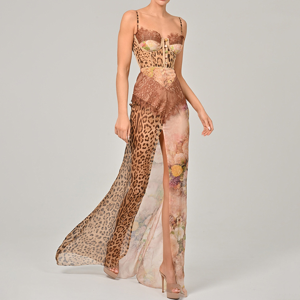 Women's Leopard Print Floral Print Patchwork Slit Dress elevenforest