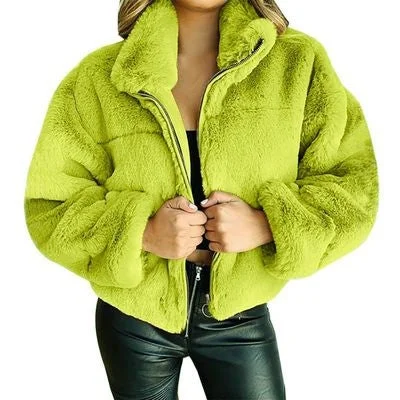 Women's Rabbit Fur Faux Fur Zipper Cardigan Warm Plush Jacket