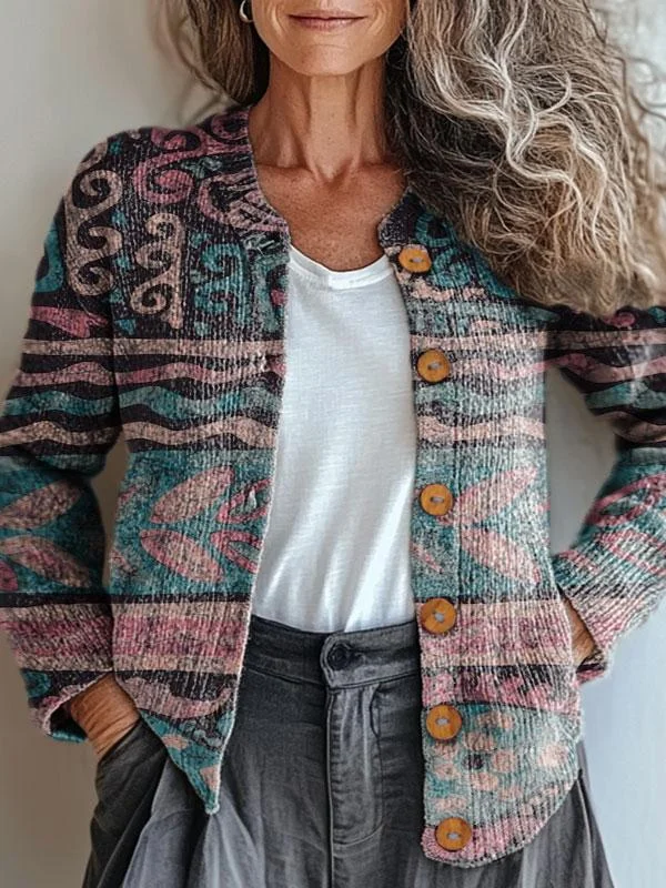 Retro Pattern Art Print Buttoned Cardigan Sweater