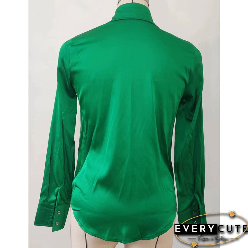 Green Pleated Button Long Sleeve Shirt