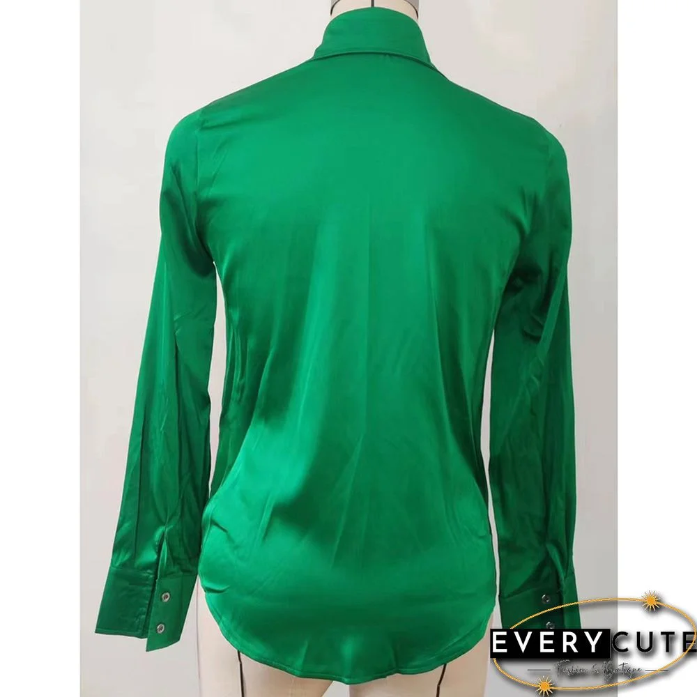 Green Pleated Button Long Sleeve Shirt
