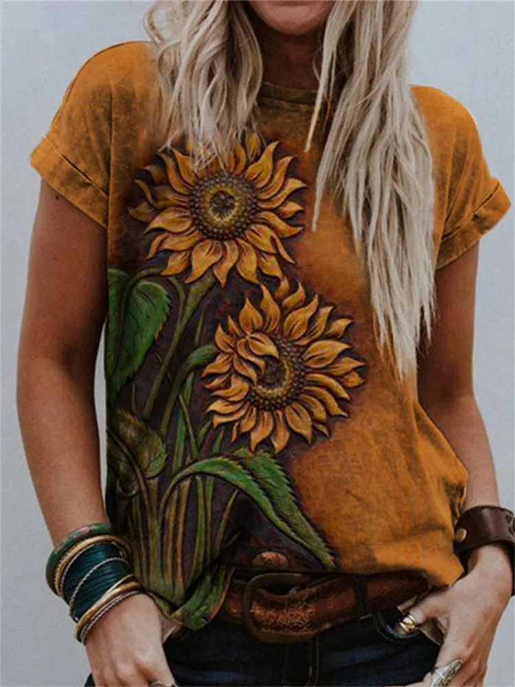 Sunflowers Western Leather Art Crew Neck T Shirt