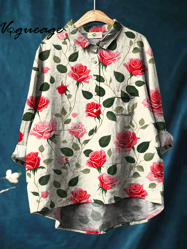 Elegant Ink Painting Of Bright Peony Flowers Print Cotton And Linen Shirt