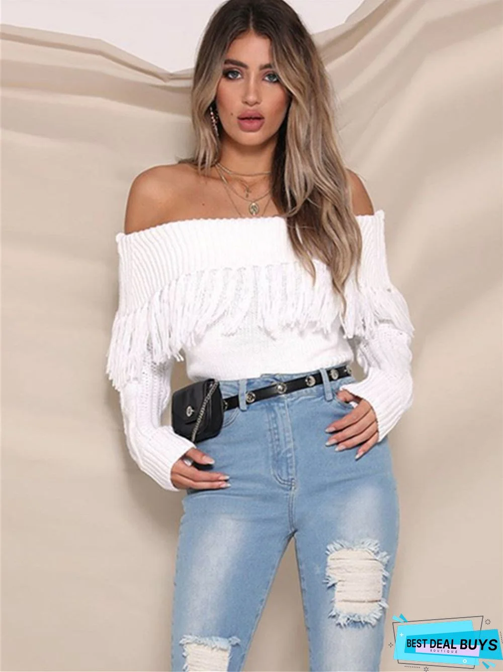 One-Shoulder Tassel Off-The-Shoulder Sexy Long-Sleeved Sweater