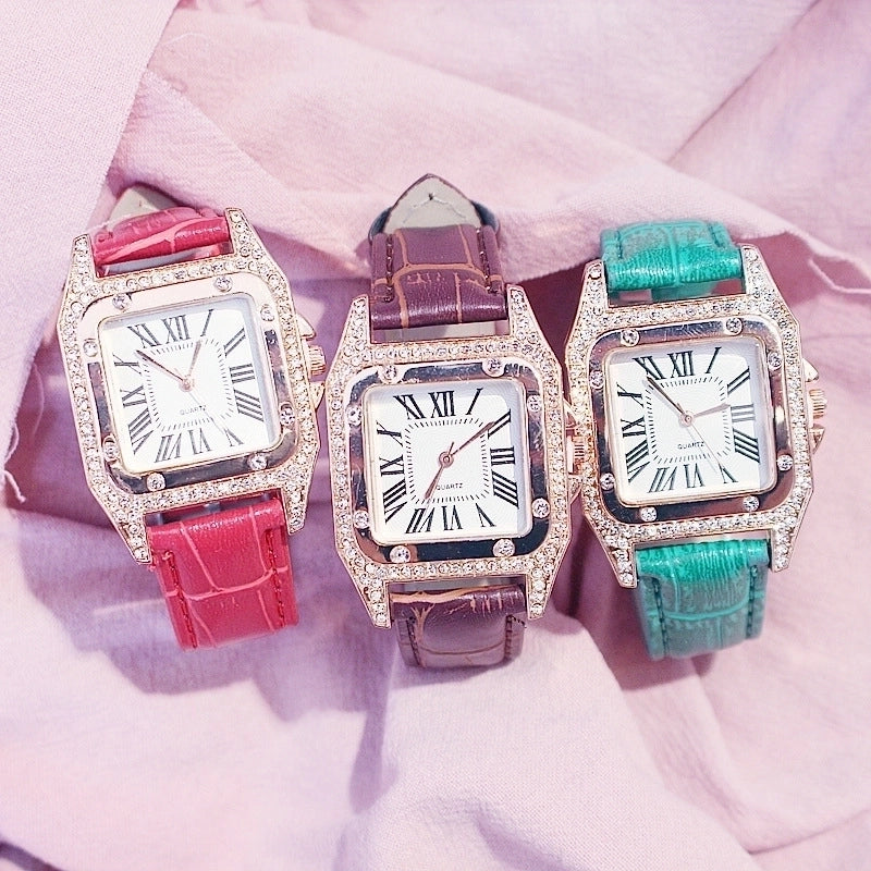 TikTok Internet Popular Women's Watch Fashionable Square Case Women's Quartz Watch Square Diamond Belt Small Square Watch Set Wristwatch