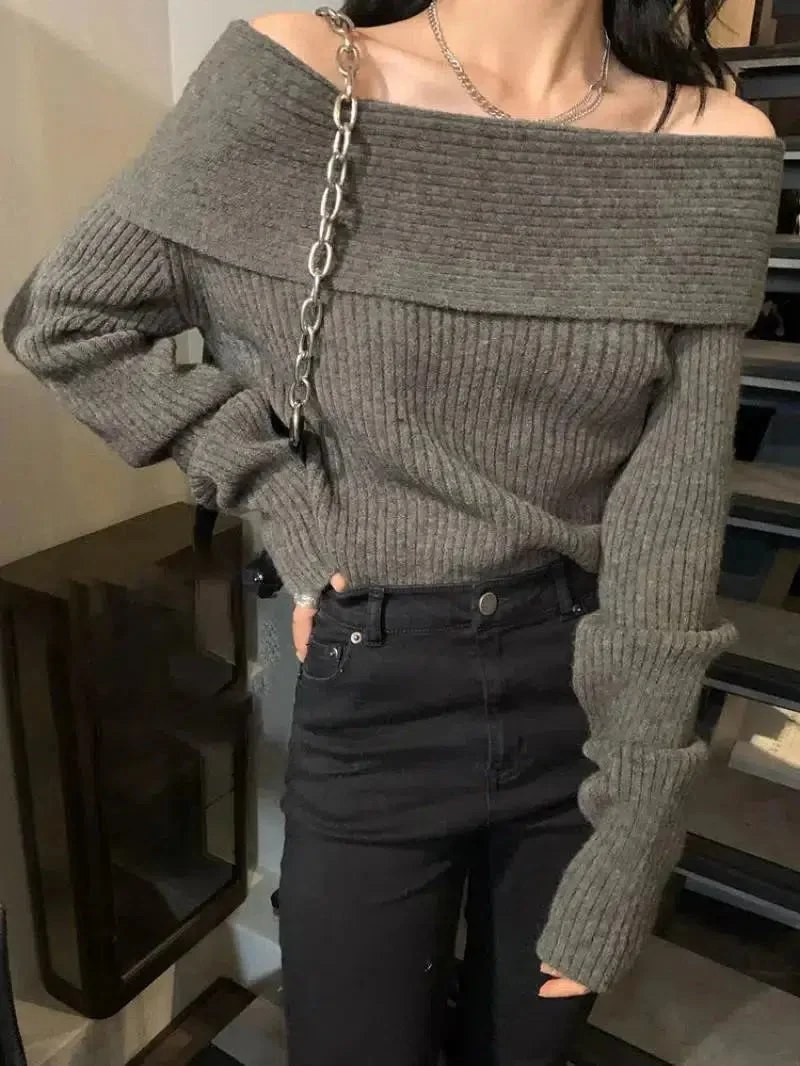Brownm Off Shoulder Knitted Sweater