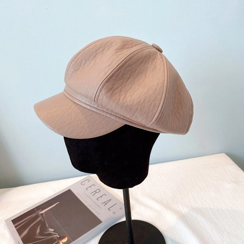 New Pu Octagonal Cap In Autumn And Winter 2020 British Retro Trend Beret Japanese Fashion Women's Leather Hat Woman Hat